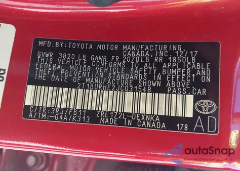 2018 Toyota Corolla Le from USA, damaged, VIN 2T1BURHE2JC031548